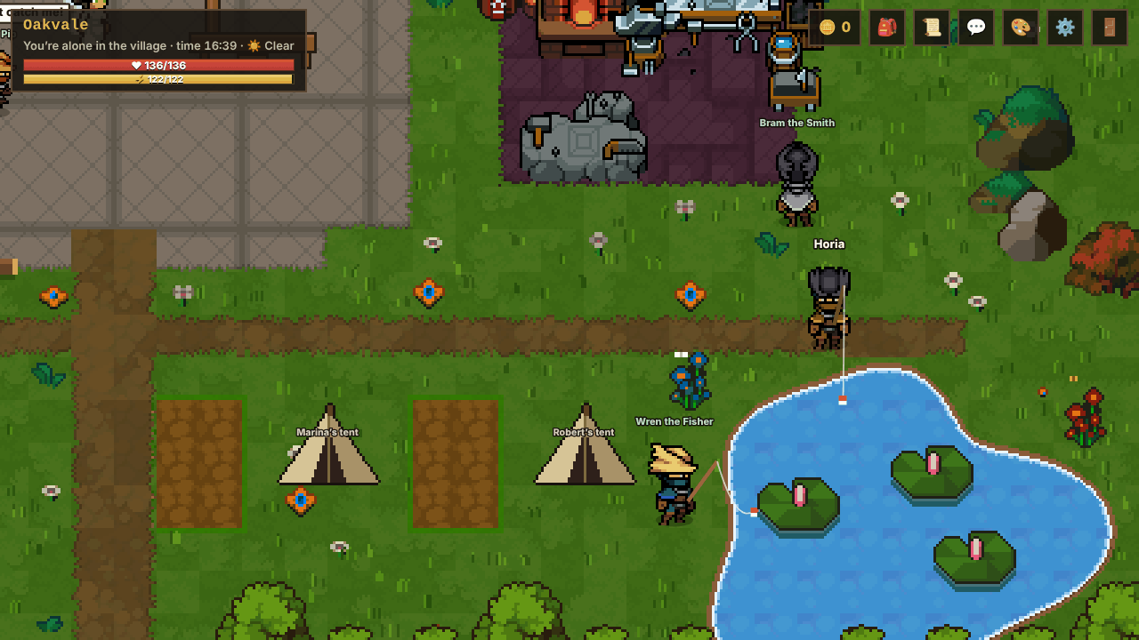 Fishing at the village pond, next to Wren the Fisher.