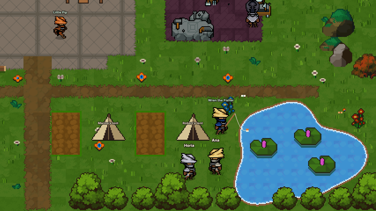 Oakvale, the village in HB RPG: heroes, villagers, the market board and the smithy