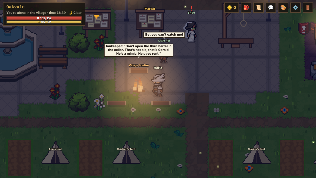 Night in Oakvale: the bonfire, lanterns and fireflies.